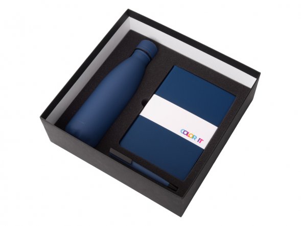 Подарочный набор c блокнотом C2, ручкой и термобутылкой, темно-синий 