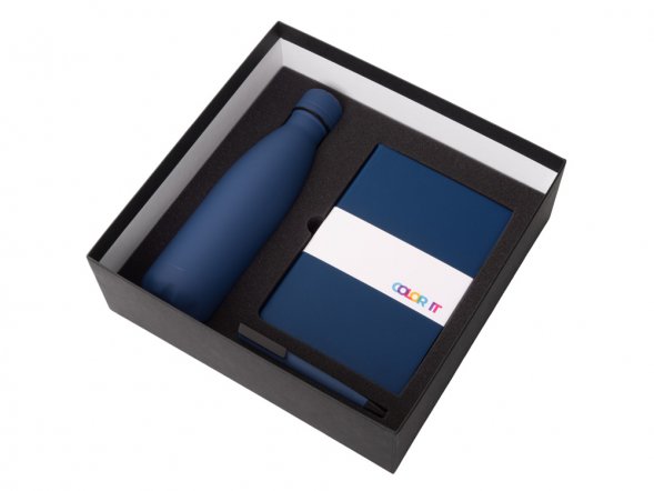 Подарочный набор c блокнотом C3, ручкой и термобутылкой, темно-синий 