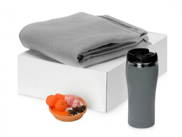 Подарочный набор с пледом, мылом и термокружкой, серый 