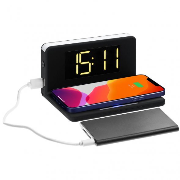 Часы настольные с беспроводным зарядным устройством Pitstop, черные 