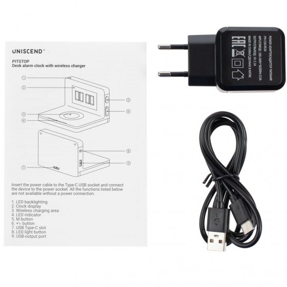 Часы настольные с беспроводным зарядным устройством Pitstop, черные 