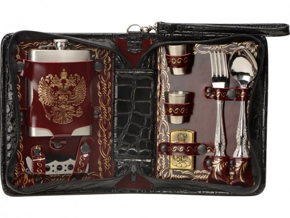 Набор Дорожный на 4 персоны в барсетке с худ. выжиганием (герб) 
