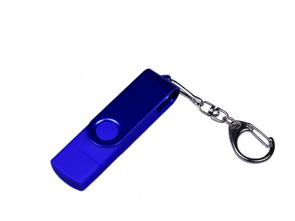 USB-флешка на 16 Гб 3 в 1 поворотный механизм, c двумя дополнительными разъемами MicroUSB и TypeC C с одноцветным металлическим клипом, синий 