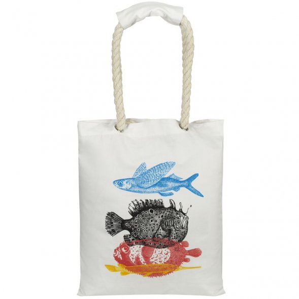 Холщовая сумка с ручками-канатами «Морские обитатели», белая 
