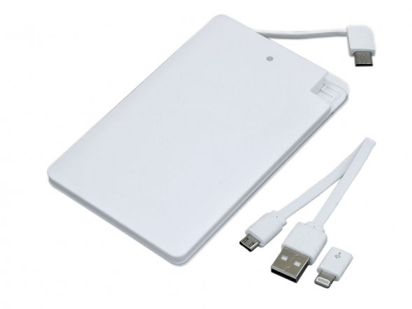 Универсальное зарядное устройство Credit _card1_power_bank  под нанесение логотипа  в виде кредитной карты, толщина всего 7,5 . 2500MAH. Белый 